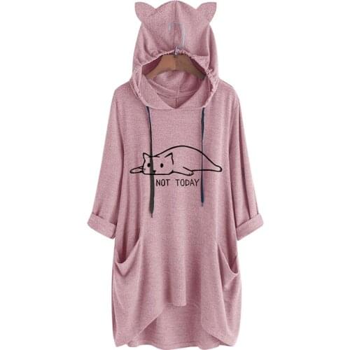 Animal Print Long Sleeve Cat Ear Design Pocket Hoodies Women Casual Loose Streetwear Oversized Daily Home Wear Hooded Tops