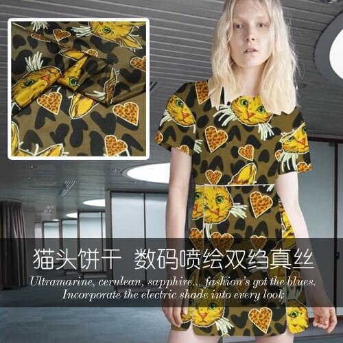 Kitty Digital Inkjet 100% Silk Crepe De Chine Fabric Soft Breathable Shirt Dress Crepe Fabrics Wholesale Cloth Per Meter