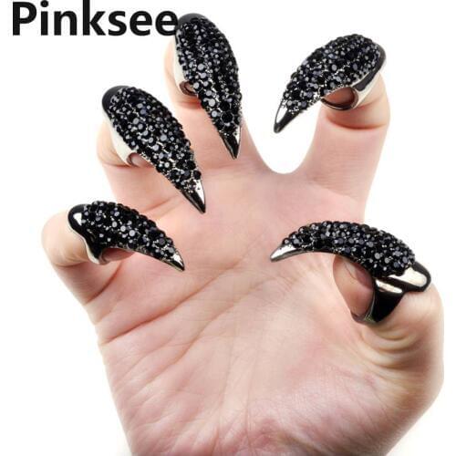 5PCS Crystal Nail Ring Punk False Nail Jewelry Crystal Rhinestones Claw Paw Talon Finger Rings Wholesale Unisex