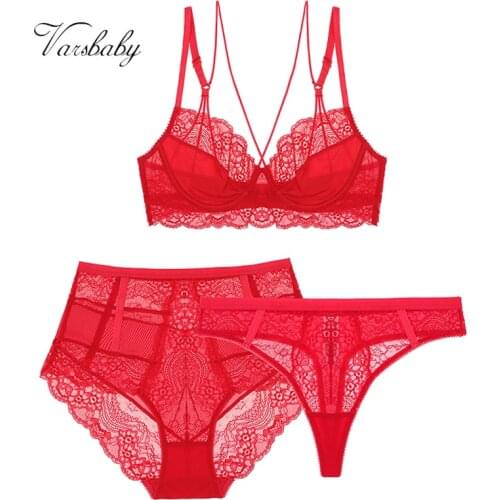 Varsbaby sexy unlined 3/4 cup underwear floral lace 3 pcs bras+high-waist panties+thongs for ladies