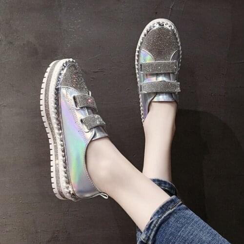 2021 New Spring Autumn Version Small White Shoes Female Joker Flat Bottom Rhinestone Platform Shoes Autumn Loop Casual Shoes