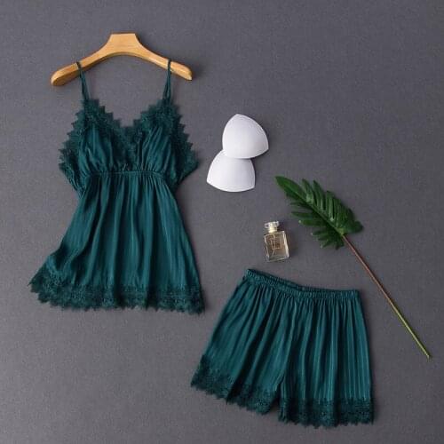 Women Pajamas Two-piece Ice silk High Quality With Chest Pad lace Pajamas Sexy Suspender Pajamas Fashion Home Wear Classic Adult