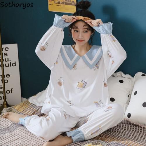 Pajama Sets Women Turn-down Collar Printed Princess Sweet Simple Soft Womens Sleepwear High Quality Long Sleeve Chic Casual New