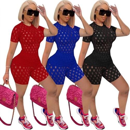 ZKYZWX Sexy Hollow Out Two Piece Shorts Set T Shirt Top Shorts Women Summer Clothing 2021 Evening Party Outfits Matching Sets