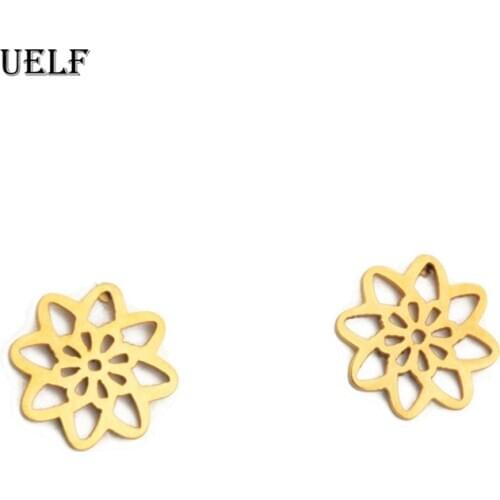 Uelf Trendy Cute Flower Earrings For Women Girls Jewelry Female Hollow Gold Metal Round Circle Stainless Earrings Gift Brincos