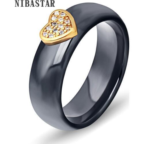 Unique Ceramic Rings Black&White Ceramic Love Heart Cubic Zircon Stainless Steel Ring European Party Jewelry