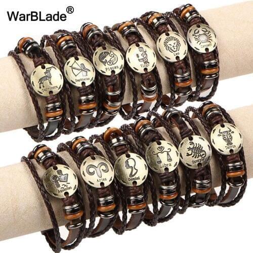 WarBLade 12pcs/set 12 Constellations Bracelets Bangles Fashion Punk Leather Bracelet Men Vintage Zodiac Signs Women Wristband