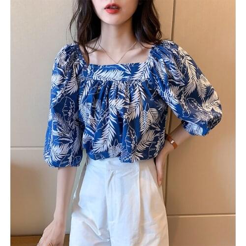 2021 Printed Chiffon Shirt Womens Square Collar Blouse Loose Blouse Puff Sleeve Short Ruffles Blusas Female Plus Size 4XL 0153
