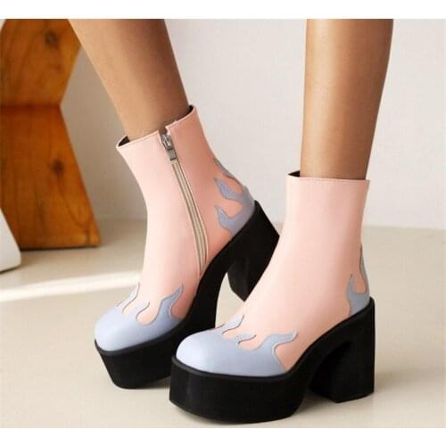 PXELENA Designer Flame Chunky Block High Heels Combat Ankle Boots Women Thick Sole Platform Shoes Black White Pink Plus Size 43