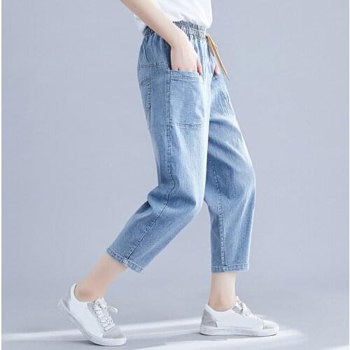 Women jeans 2020 summer new casual all match calf length solid pockets drawstring female jeans top quality