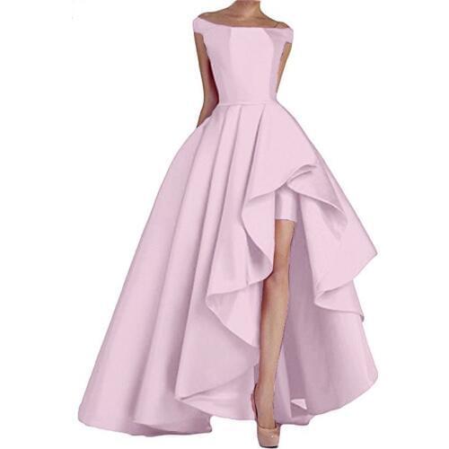 Hot Sale 2019 2018 Boat Neck Pink Off Shoulder Long Evening Prom Dresses High Low Formal Party Gowns Vestido de Festa Curto