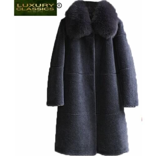 Female Coat Real Fur Autumn Winter Clothes 2021 Korean Long Fox Fur Collar Sheep Shearing Jacket Women Vintage Tops 827