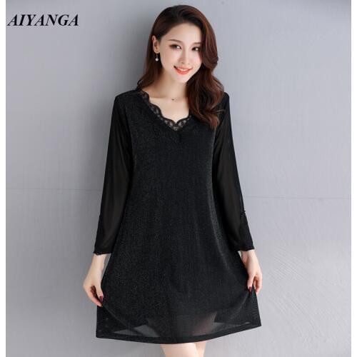 L-3XL 4XL 5XL Dress Women 2019 Spring Dresses Womens Long Sleeve Lace Patchwork Mesh elasticity Loose Plus Size Dress Female