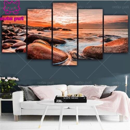 5D Diamond Painting Sunset river stones sea natural scenery Embroidery Pattern Rhinestones Needlework DIY CrossStitch Decor 5PCS