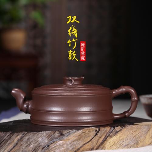 Bao Yuhua handmade authentic purple sand tea set, original mine Purple mud double-line bamboo drum, a substitute teapot