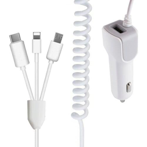 Fast Car Charger with 3-In-1 Splitter USB Charging Cable For Micro-USB Android Phones iPhone Type-C