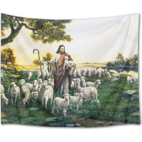 Jesus Christ With Sheep And Landscape Background Tapestry Bedroom Living Room Dormitory Decoration