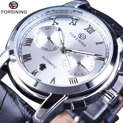 Forsining Classic Calendar White Fashion Silver Dial Genuine Leather Roman Number Display Mens Automatic Watch Top Brand Luxury