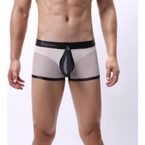 Men Underwear PU Leather Penis Pouch Open Crotch Male Boxer Shorts Mesh Transparent Boxershorts Cueca Masculina Sexi Gay Panties