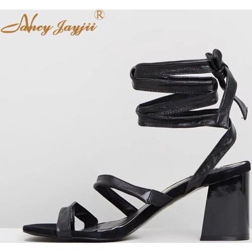 Women Shoes Ladies Sandals Black Solid Ankle Strap Lace-Up Wedding/Party Super High Square Heels Elegant Fashion Mature 2019