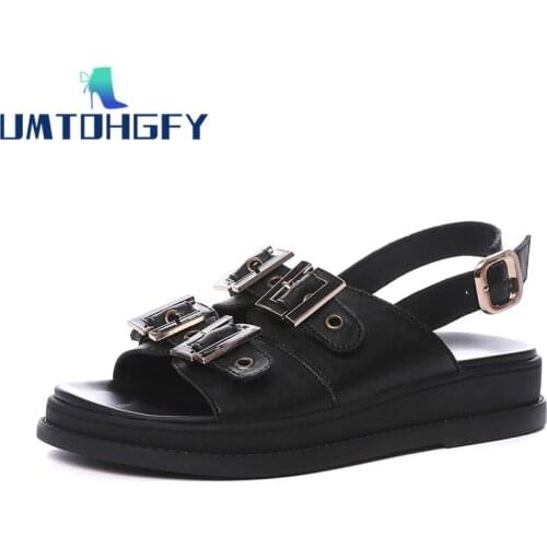 NEW British Metal Genuel Leather Women Summer Thick Bottom Sandals Open Toe Gladiator Beach Sandals Casual Daily Platform Buckle