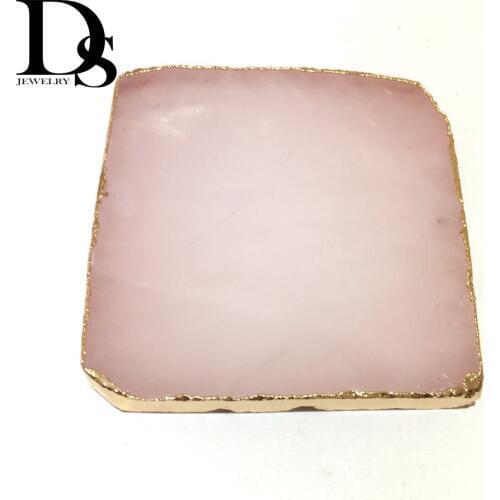 Wholesale 1pcs Natural Rose Quartz Coaster Square Crystal Platter Electroplated Gold Color Jewelry for Cup Mat Display