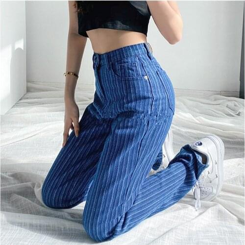 Plus Size Womens Blue Jacquard Jeans Fall Loose High Waist Straight Denim Pants Female Mom Striped Pockets Trousers 306