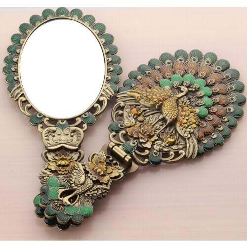 Hand held retro peacock Bronze Mirror Vanity Mirror desktop Princess portable handle folding mirror WF