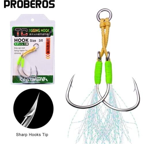 PROBEROS 1SET Jigging Fishing Hooks 1/0-2/0-3/0-4/0-5/0# Fish Assist Hook Twins Double Fishery Glow Jig Slow Feather Fishhooks