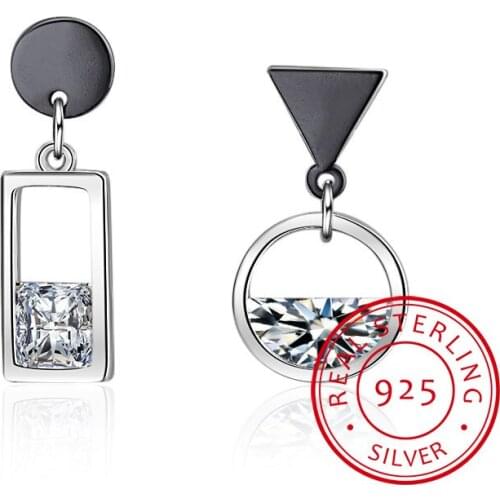 925 Sterling Silver Earrings Spring Water Zirconia Gun Black Color Circle Square Asymmetric Tassel Earring pendientes S-E518