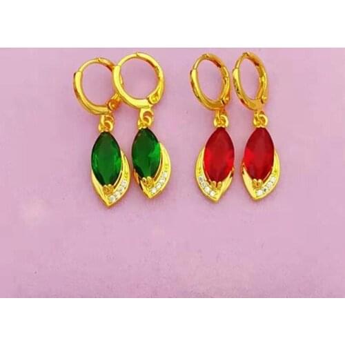 Pure gold color Green / Red Crystal Drop earrings for women & girls,fashion 24k Gold plated women earrings Jewelry