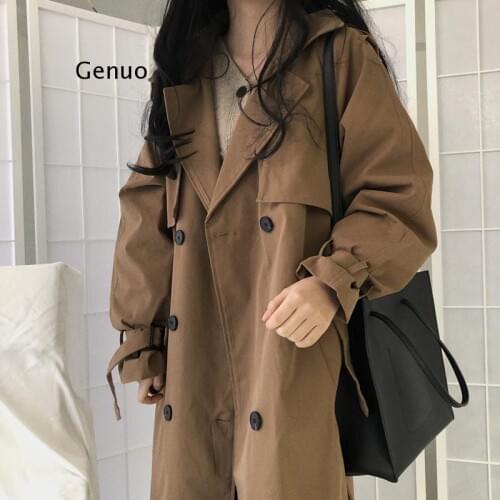Chic Women Trench Coat Casual Womens Long Outerwear Loose Overcoat with Belt Winter Fashion Double-breasted Windbreaker Femme