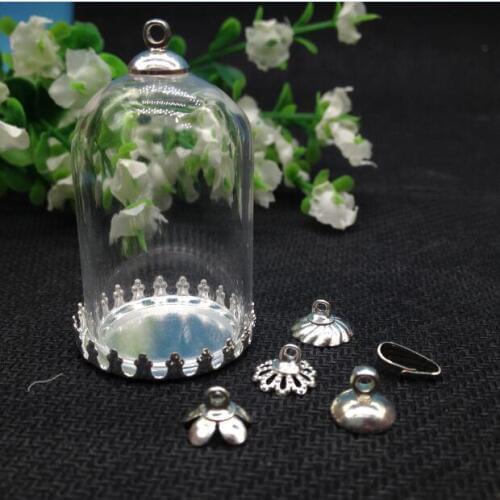 3sets 38*25mm glass globe silver teeth tray beads cap free clasp glass vial pendant glass cover bell shape Sweater chain
