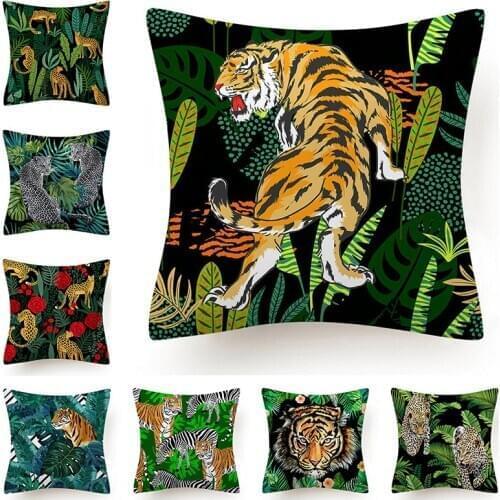 Tropical Jungle Cushion Cover 45x45 Polyester Tiger Leopard Printed Pillowcase Decorative Sofa Cushions Palm Leaf Pillowcover