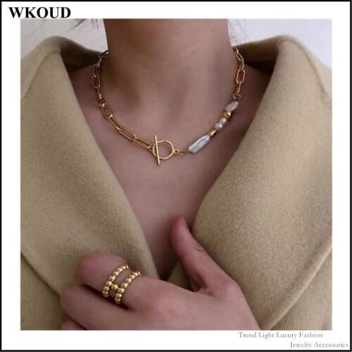 2021 Summer Autumn Korean Art Hip Hop Retro Geometric Baroque Shaped OT Button Pearl Womens Chain Necklace Jewelry Creative