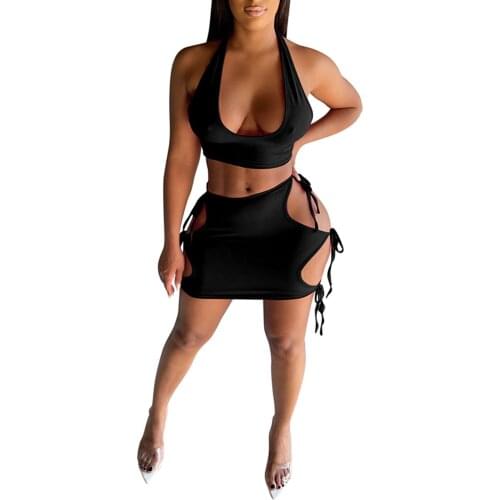 2 Pieces Suit Set Female Solid Color Halterneck Sleeveless Crop Tops+ Hollow Out Skirt for Summer, S/M/L/XL