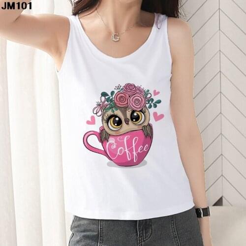 2021 Summer Tops Women Sleeveless Tank Top White Round Neck Woman Clothing Harajuku Cute Owl Printed T-shirt Camisole Female Tee