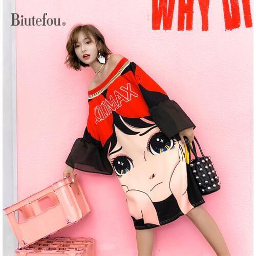 2021 Summer Women Fashion Cartoon Print Flare Sleeve Slash Neck Dress