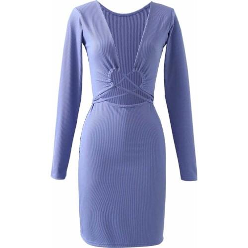 New Vogue Women Hollow Out Cross Lace Up Dress Long Sleeves Sexy V-neck Knitted Slim Fit Short Dresses Woman Robe