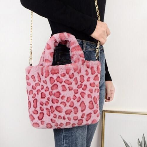 Winter New Fashion Shoulder Bag Female Leopard Female Bag Chain Large Plush Winter Handbag Messenger Bag Soft Warm Fur Bag