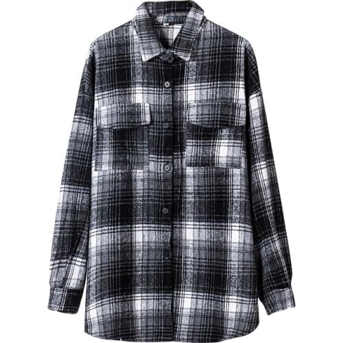 2021 New Vintage Plaid Shirts Women oversized shirts Female Blouse Tops plus size clothing Long Sleeve Button