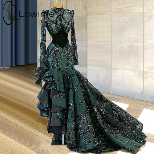 Arabic Style Emerald Green High Low Mermaid Evening Dresses Muslim Long Sleeve Beading Prom Party Gowns Plus Size Robes