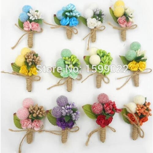 12pcs/lots Rustic Wedding Corsage Brooch for Bride Groom Mens Bestman Boutonniere Foam Balls Paper Flowers Prom Party Accessory