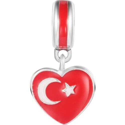 Authentic 925 Sterling Silver Turkey Heart Flag Dangle Charm Beads Women DIY Jewelry Gift Fits Pandora Bracelet Berloque