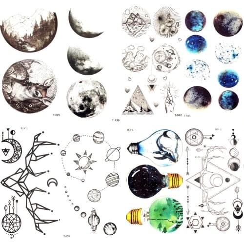 Black Round Planet Moon Elk Earth Water Transfer Tattoo Flower Women Kids Temporary Tattoo Sticker Mountain Fake Tatoo Men Decal
