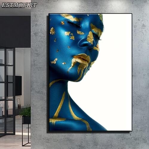 Decorative Paintings Golden Blue Girls Posters and Prints Makeup Women Canvas Painting Nordic Wall Paintings Cuadros for Parlour