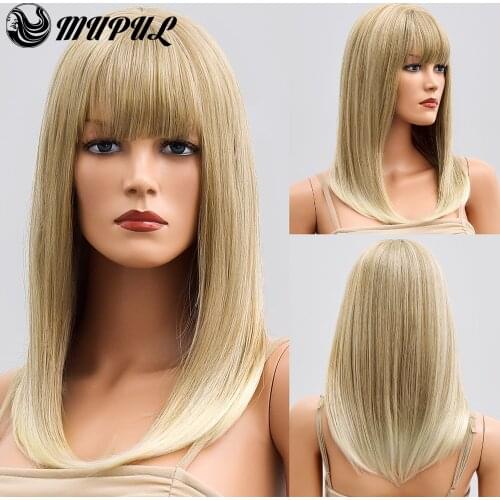 Long Ombre Blonde Daily Natural Straight Synthetic Wigs For White Women With Bangs Cosplay Fiber Hair Heat Resistant Girl Wig