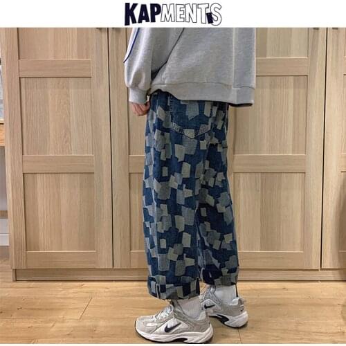 KAPMENTS Men Cross Square Harajuku Baggy Jeans 2021 Mens Japanese Streetwear Wide Leg Denim Trousers Male Vintage Kpop Joggers