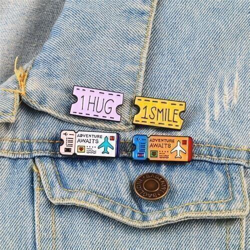 Tickets Enamel Pins 1 HUG 1 SMILE Couple Coupons Adventure Awaits Journal Travel Cartoon Brooches Lapel Pin Bag Hat Badge Gifts