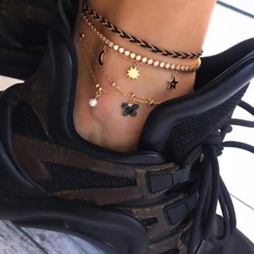 HI MAN 5Pcs/Set European Mixed Pearl Sun Moon Star Handmade Beaded Anklet Women Fashion Luxury Couple Gift Jewelry